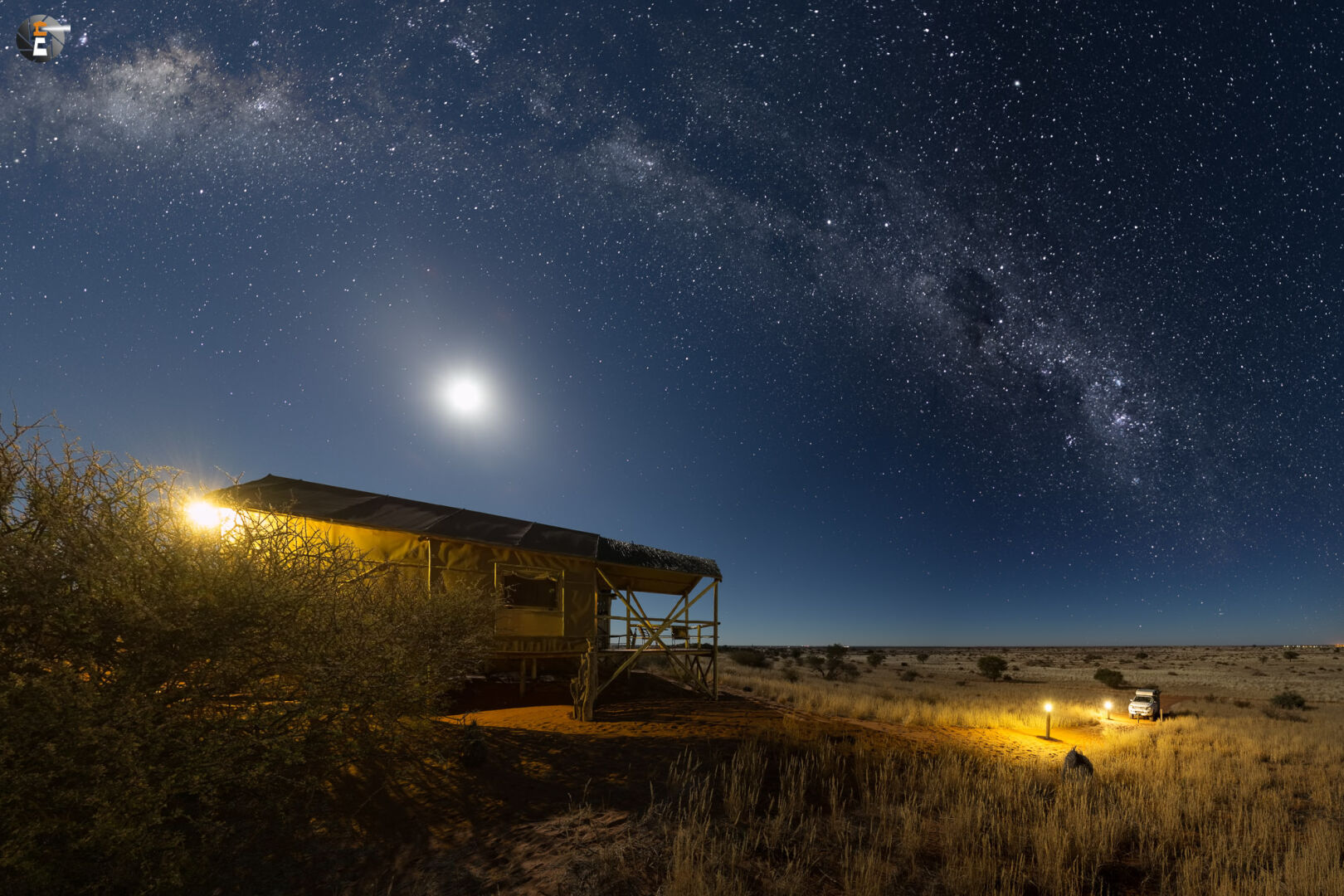 Starry sky and moon light at the edge of the Kalahari